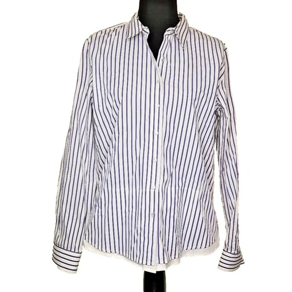 Elliott Lauren Womens 12 White Blue Striped Long Sleeve Button Shirt Blouse  T23 - Picture 1 of 7